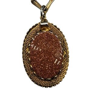 Vintage Goldstone Pendant Necklace Gold Tone Mesh and Chain Costume Jewelry